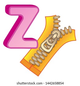 Vector bright illustrations alphabet with capital letters of the English and cute cartoon animals and things. Poster for kindergarten and preschool. Cards for learning English. Letter Z. Zipper