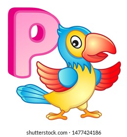 Vector bright illustrations alphabet with capital letters of the English and cute cartoon animals and things. Poster for kindergarten and shool. Cards for learning English. Letter P. Parrot
