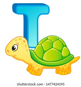 Vector bright illustrations alphabet with capital letters of the English and cute cartoon animals and things. Poster for kindergarten and shool. Cards for learning English. Letter T. Tyrtle