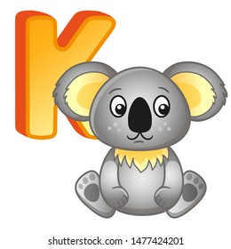 Vector bright illustrations alphabet with capital letters of the English and cute cartoon animals and things. Poster for kindergarten and shool. Cards for learning English. Letter K. Koala