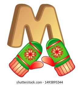 Vector bright illustrations alphabet with capital letters of the English and cute cartoon animals and things. Poster for kindergarten and shool. Cards for learning English. Letter M. Mittens