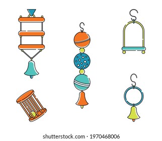 Vector bright illustrations of toys for birds, parrots, macaws, canaries. Swing, bell, ladder. Black line art with colors. Pet store, zoo, bird nursery. svg