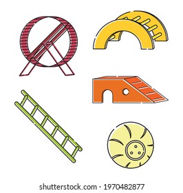 Vector bright illustrations of toys for for hamsters, rats, rodents, guinea pigs, mice, rabbits. Ladder, house, hamster wheel and ball. Black line art with colors. Pet store, zoo, nursery, shelter