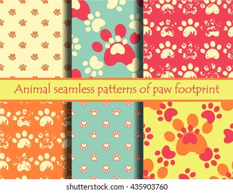 Vector bright illustrationsith animal footprints. Vector seamless pattern set with cat or dog footprints. Can be used for wallpaper, web page background, surface textures, cards and posters. EPS 10
