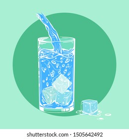 Vector bright image water is poured into a transparent glass with water bubbles and cubes ice. Ice cube lies, melts near the glass, forming a puddle of water. Engraving drawing with white stroke.