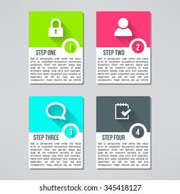 Vector bright infographic cards set in modern flat design suitable for business presentations and reports. Four steps process with long shadows.