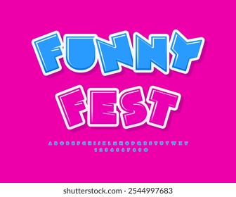 Vector invitación brillante Funny Fest. Linda fuente para niños. Letras y números del alfabeto decorativo.