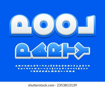 Vector bright invitation Pool Party. White and Blue Rotated Font. Trendy Alphabet Letters and Numbers