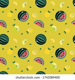 Vector bright juicy summer pattern with the image of whole fruits and their slices in a flat style. Pictured: watermelon, apple, lemon. Suitable for summer backgrounds.