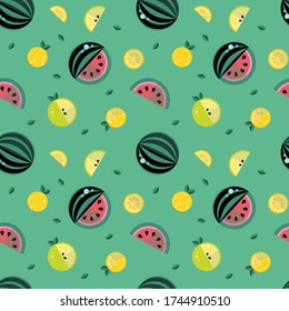 Vector bright juicy summer pattern with the image of whole fruits and their slices in a flat style. Pictured: watermelon, apple, lemon. Suitable for summer backgrounds.