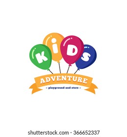 Vector bright kids playground logo with balloons and yellow ribbon