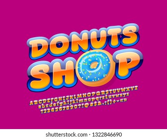 Vector bright label Donuts Shop with glossy Alphabet Letters, Numbers and Symbols. Trendy colorful Font