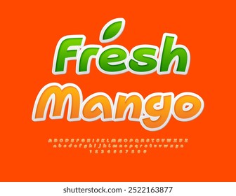 Vector bright label Fresh Mango with decorative Leaf. Creative Alphabet Letters and Numbers set. Orange unique Font