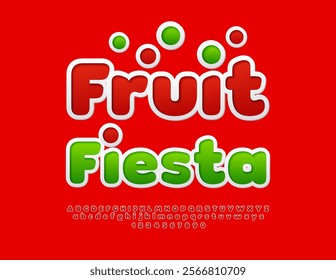 Vector bright label Fruit Fiesta. Red Alphabet Letters and Numbers set. Trendy modern Font