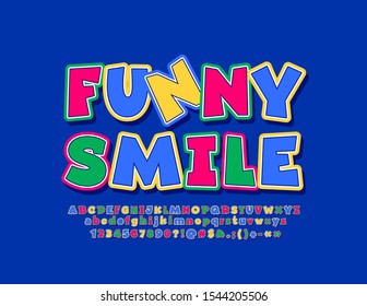 Vector bright label Funny Smile, Comic style Font. Colorful cartoon Alphabet Letters, Numbers and Symbols