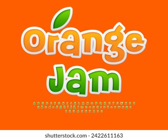 Etiqueta brillante del vector Orange Jam. Divertido tipo de letra verde. Juego de letras, números y símbolos de alfabeto de reproducción