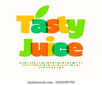Vector bright label Tasty Juice. Modern Colorful Green Font. Creative Bold Alphabet Letters and Numbers set.