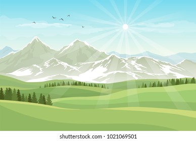 Vector bright landscape with green meadows, forests, mountains with snow and shining sun in blue sky