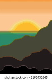 Vector bright landscape. Sunset. Sea and mountains. 