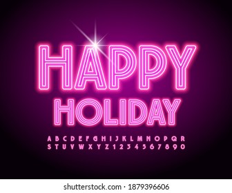 Vector bright led event flyer Happy Holiday. Light tube Font. Pink Neon Alphabet Letters and Numbers set