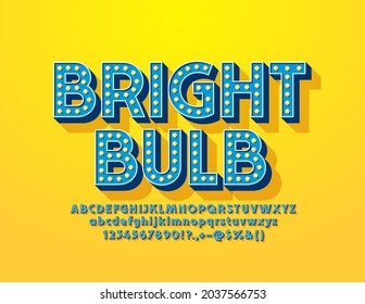 Vector Bright Light Bulb Font. Vintage Lamp Alphabet. Illuminated 3D Letters and Numbers set