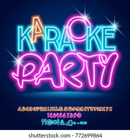 Vector bright light up neon poster Karaoke Party. Shiny Alphabet letters, Numbers and Symbols