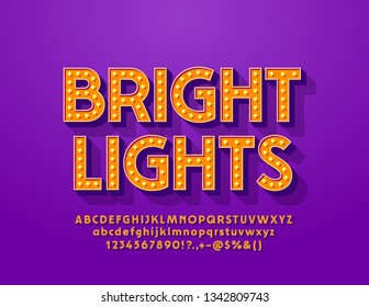 Vector Bright Lights Alphabet Letters, Numbers and Symbols. Electric lamp Font in Vintage style