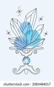 Vector bright lineart sketch blue quartz crystals on a stand. Pixiecore and fairycore