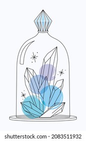 Vector bright lineart sketch blue quartz crystals in a glass dome. Pixiecore and fairycore