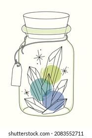 Vector bright lineart sketch quartz crystals in glass bottle. Pixiecore and fairycore