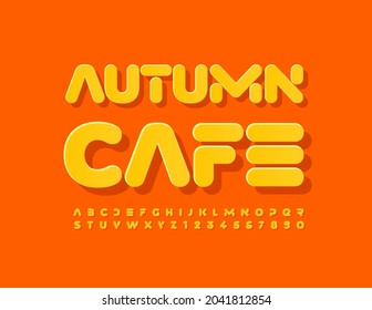 Vector bright logo Autumn Cafe. Abstract modern Font. Yellow set of Alphabet Letters and Numbers
