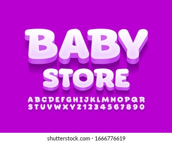 Logo de Vector brillante Baby Store. Fuente 3D para niños pequeños. Letras y números de alfabeto creativos.