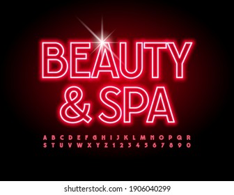 Vector Bright Logo Beauty And Spa. Elegant Glowing Font. Red Neon Alphabet Letters And Numbers Set