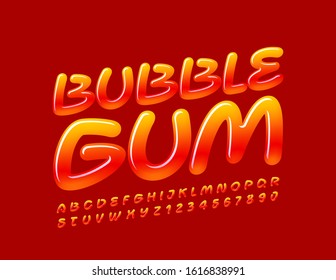 Vector Bright Logo Bubble Gum with Glossy Font. Sweet Alphabet Letters and Numbers.