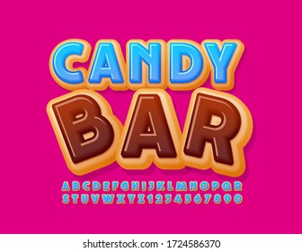 Vector bright logo Candy Bar with Donut style Font. Blue Icing Alphabet Letters and Numbers set