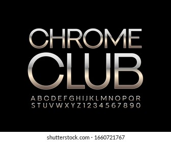 Vector bright logo Chrome Club. Metallic Alphabet Letters and Numbers. Elegant Silver Font.