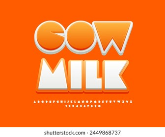 Vector bright logo Cow Milk. Abstract style Font. Creative set of Orange and White Alphabet Letters and Numbers set