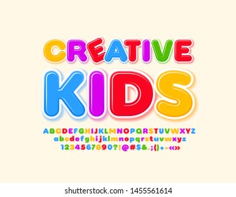 Vector bright logo Creative Kids with glossy Font. Colorful Alphabet set