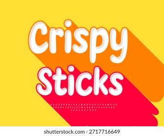 Vector Bright logo Crispy Sticks. Fuente juguetona con gran sombra roja. Conjunto de letras y números de alfabeto creativo.
