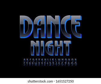 Vector bright logo Dance Night. Stylish 3D Font. Glossy Black and Blue Alphabet Letters and Numbers.