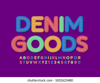 Logo de Denim Goods como vector brillante. Jeans material Font. Tejido colorido Alfabeto Cartas y números establecidos