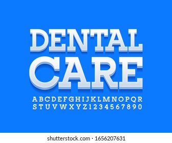 Vector bright logo Dental Care. Modern 3D Font. White Alphabet Letters and Numbers.