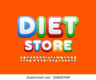 Logotipo vectorial brillante Tienda de dieta, juego de letras y números de alfabeto blanco y colorido. Fuente de estilo moderno