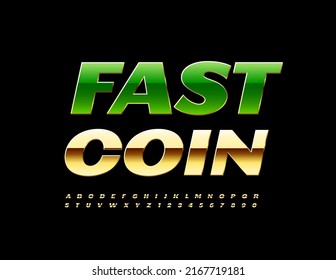 Logo de Vector brillante Moneda rápida. Fuente de oro de moda. Letras y números de alfabeto de lujo