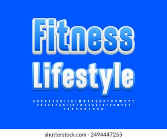 Vector brillante logo Fitness Lifestyle. Fuente elegante blanca y azul. Conjunto de letras y números del alfabeto artístico.