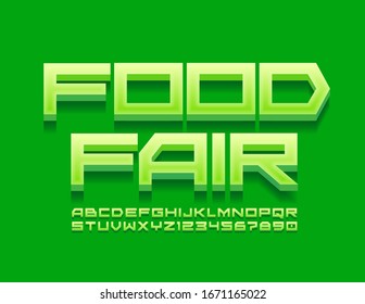 Vector bright logo Food Fair. Creative 3D Font. Modern Alphabet Letters and Numbers