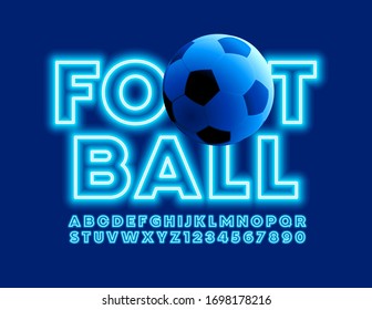 Vector bright logo Football with decorative Ball. Neon blue Font. Electric Alphabet Letters and Numbers
