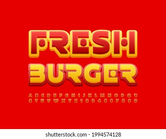 Vector bright logo Fresh Burger with Red and Yellow Font. Modern Alphabet Letters and Numbers set