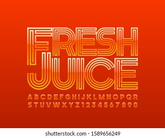 Vector bright logo Fresh Juice. Orange Alphabet Letters and Numbers. Creative maze Font