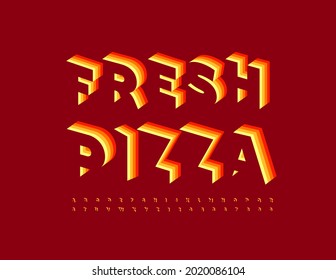 Vector bright logo Fresh Pizza. Sliced isometric Font. Creative 3D Alphabet Letters and Numbers set